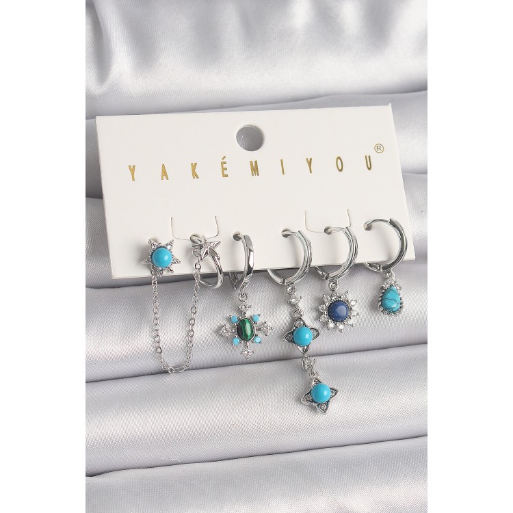 Pirinç Gümüş Renk Zirkon Taş Detaylı Mavi Boncuklu Çiçek Model VIP Seri Kadın Küpe Kombini - TJ-BKP10055 Pirinç Gümüş Renk Zirkon Taş Detaylı Mavi Boncuklu Çiçek Model VIP Seri Kadın Küpe Kombini - TJ-BKP10055