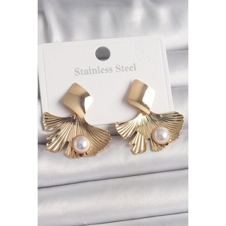 Brass Gold Color Dangle Pearl Detailed Leaf Model Women's Earrings - TJ-BKP10069