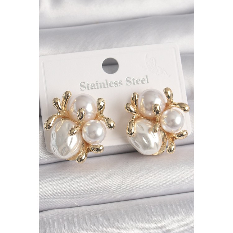 Pirinç Gold Renk İnci Tomurcuk Model Kadın Küpe - TJ-BKP10072