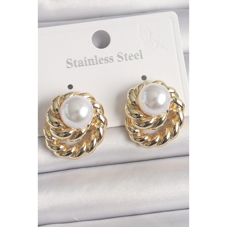 Pirinç Gold Renk İncili Sarmal Burgu Model Kadın Küpe - TJ-BKP10073