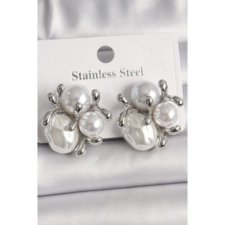 Brass Silver Color Pearl Bud Model Women's Earrings - TJ-BKP10084