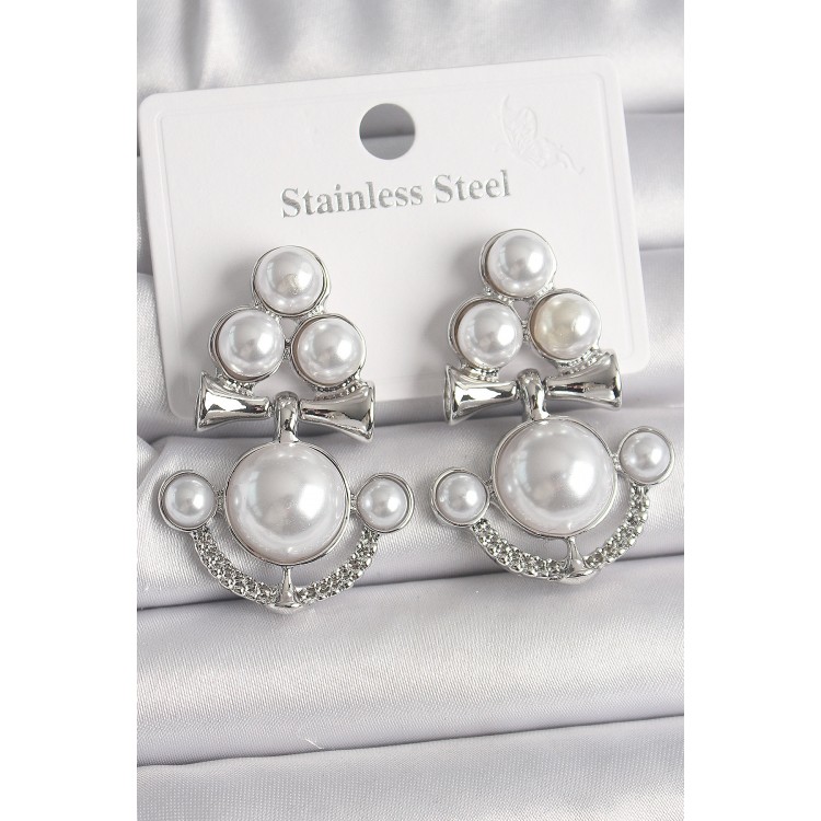 Pirinç Gümüş Renk Sallantı İncili Çapa Model Kadın Küpe - TJ-BKP10086 Pirinç Gümüş Renk Sallantı İncili Çapa Model Kadın Küpe - TJ-BKP10086