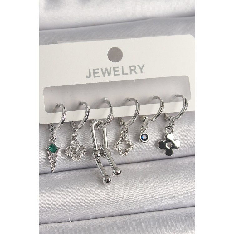 Pirinç Gümüş Renk Zirkon Taşlı Çoklu Figür Kadın Küpe Seti - TJ-BKP10095 Pirinç Gümüş Renk Zirkon Taşlı Çoklu Figür Kadın Küpe Seti - TJ-BKP10095