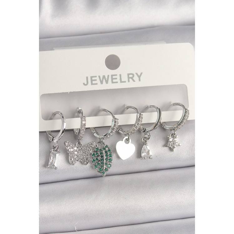 Pirinç Gümüş Renk Zirkon Taşlı Çoklu Figür Kadın Küpe Seti - TJ-BKP10097 Pirinç Gümüş Renk Zirkon Taşlı Çoklu Figür Kadın Küpe Seti - TJ-BKP10097