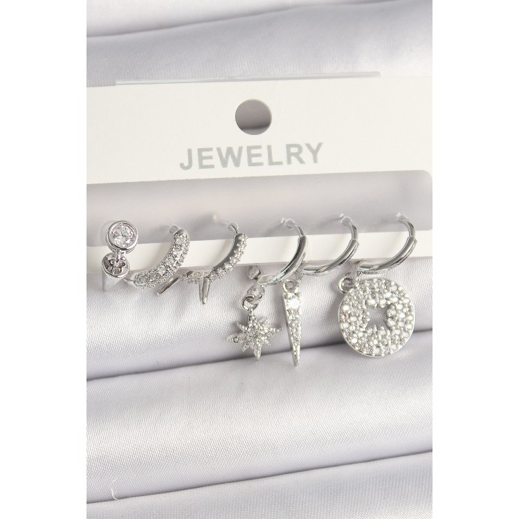 Pirinç Gümüş Renk Zirkon Taşlı Çoklu Figür Kadın Küpe Seti - TJ-BKP10103 Pirinç Gümüş Renk Zirkon Taşlı Çoklu Figür Kadın Küpe Seti - TJ-BKP10103