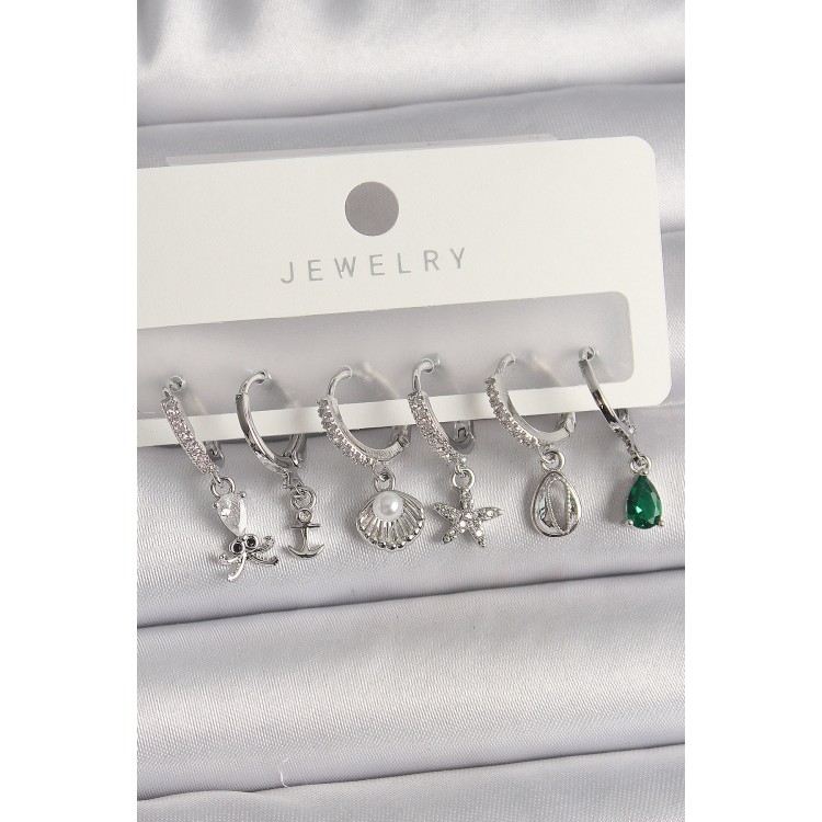 Brass Silver Color Zircon Stone Pearl Detail Multi Figure Women's Earring Set - TJ-BKP10109