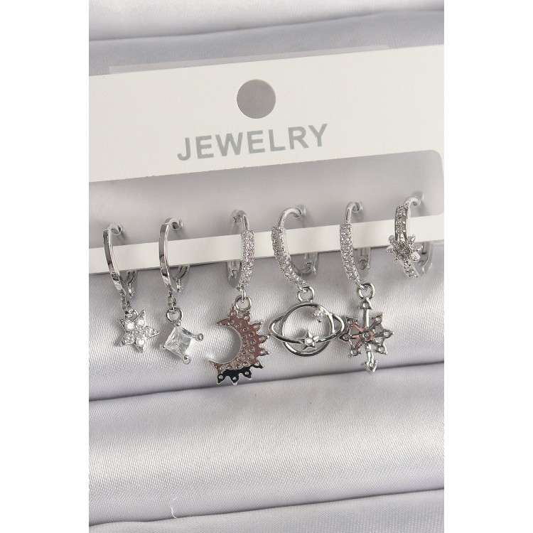 Pirinç Gümüş Renk Zirkon Taşlı Gezgen Model Kadın Küpe Seti - TJ-BKP10113