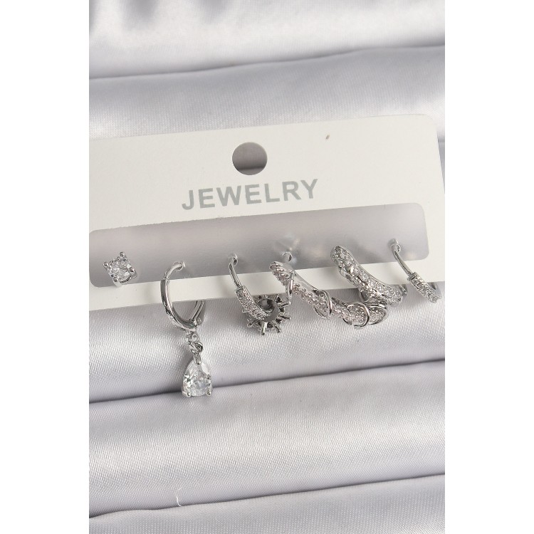 Brass Silver Color Dangle Zircon Stone Hoop Model Drop Stone Detail Women's Earring Set - TJ-BKP10125