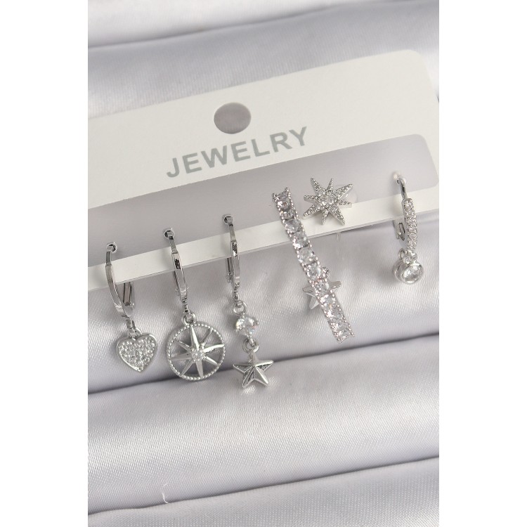 Brass Silver Color Dangle Zircon Stone Star Model Women's Earring Set - TJ-BKP10129