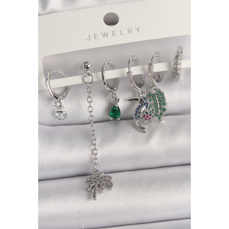 Pirinç Gümüş Renk Sallantı Zirkon Taşlı Ağaç Figür Çoklu Kadın Küpe Seti - TJ-BKP10119 Pirinç Gümüş Renk Sallantı Zirkon Taşlı Ağaç Figür Çoklu Kadın Küpe Seti - TJ-BKP10119