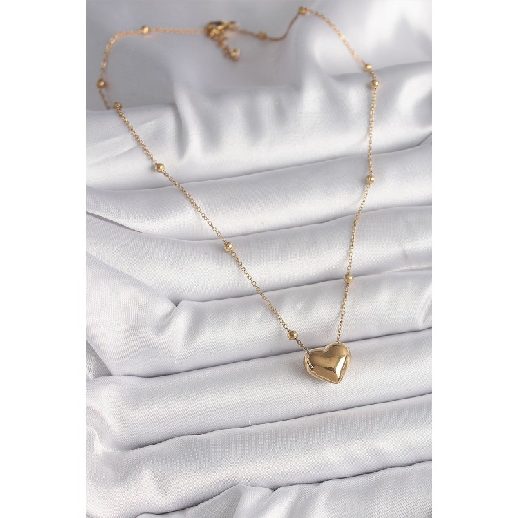 316L Çelik Gold Renk Topçuk Detaylı Zincir Kalp Model Kadın Kolye - TJ-BKO9772