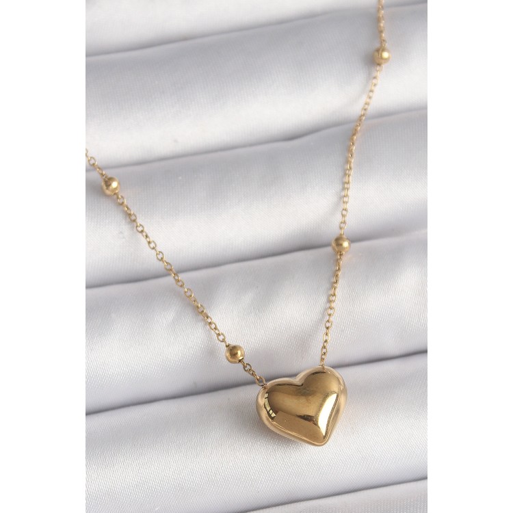 316L Çelik Gold Renk Topçuk Detaylı Zincir Kalp Model Kadın Kolye - TJ-BKO9772
