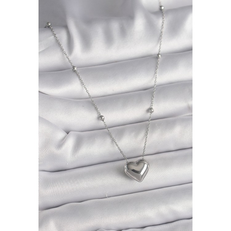 316L Çelik Gümüş Renk Topçuk Detay Zincir Kalp Model Kadın Kolye - TJ-BKO9773