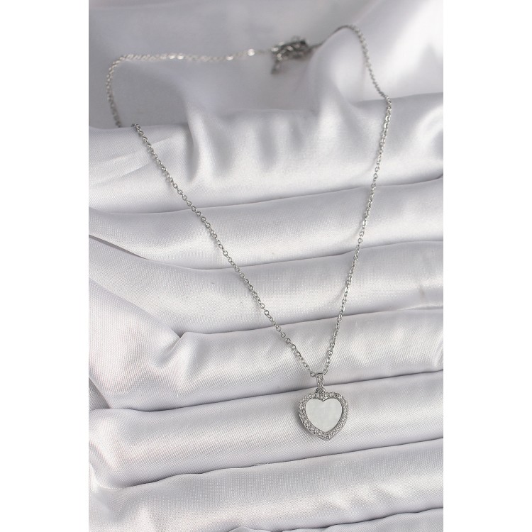 316L Çelik Gümüş Renk Zincir Zirkon Taşlı Beyaz Mineli Kalp Model Kadın Kolye - TJ-BKO9781