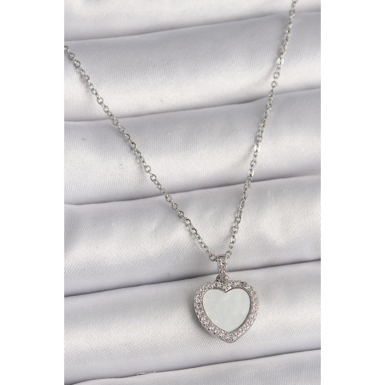 316L Çelik Gümüş Renk Zincir Zirkon Taşlı Beyaz Mineli Kalp Model Kadın Kolye - TJ-BKO9781