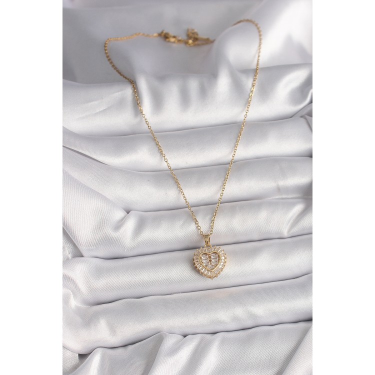 316L Çelik Gold Renk Zincir Zirkon Taşlı Kalp Model Kadın Kolye - TJ-BKO9786