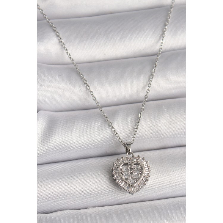 316L Çelik Gümüş Renk Zincir Zirkon Taşlı Kalp Model Kadın Kolye - TJ-BKO9787