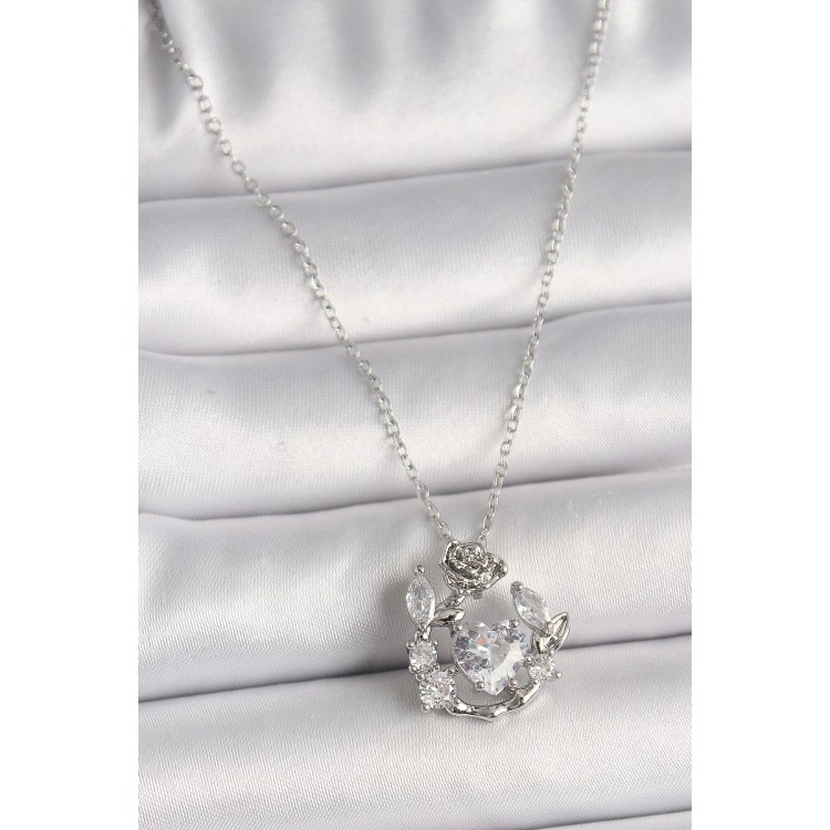 316L Çelik Gümüş Renk Zincir Zirkon Taşlı Kalp Figür Gül Detay Kadın Kolye - TJ-BKO9809