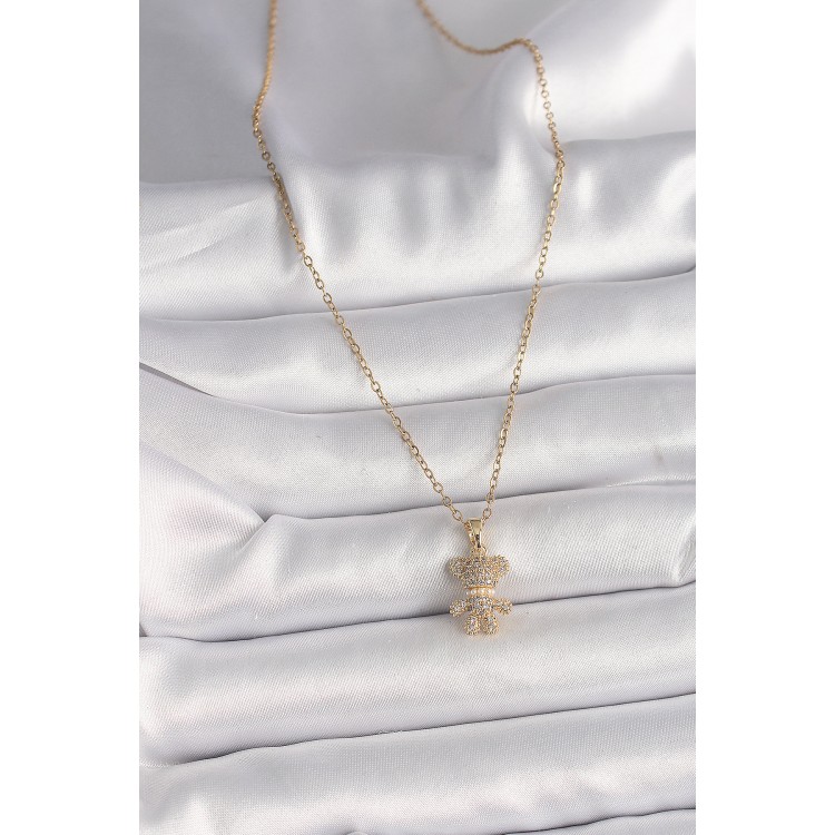 316L Steel Gold Color Chain Zircon Stone Teddy Bear Figure Women's Necklace - TJ-BKO9810