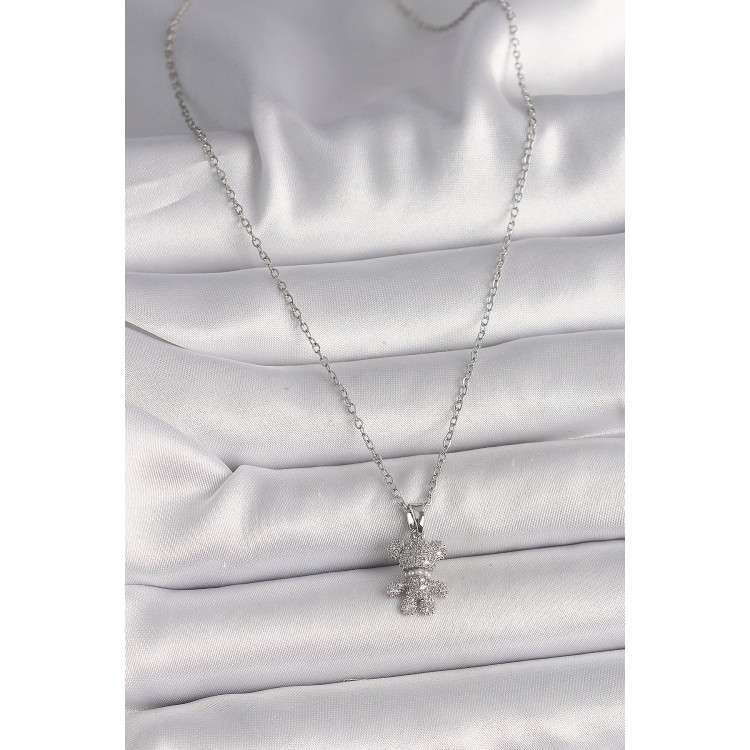 316L Çelik Gümüş Renk Zincir Zirkon Taşlı Ayıcık Figür Kadın Kolye - TJ-BKO9811