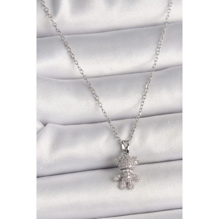 316L Çelik Gümüş Renk Zincir Zirkon Taşlı Ayıcık Figür Kadın Kolye - TJ-BKO9811