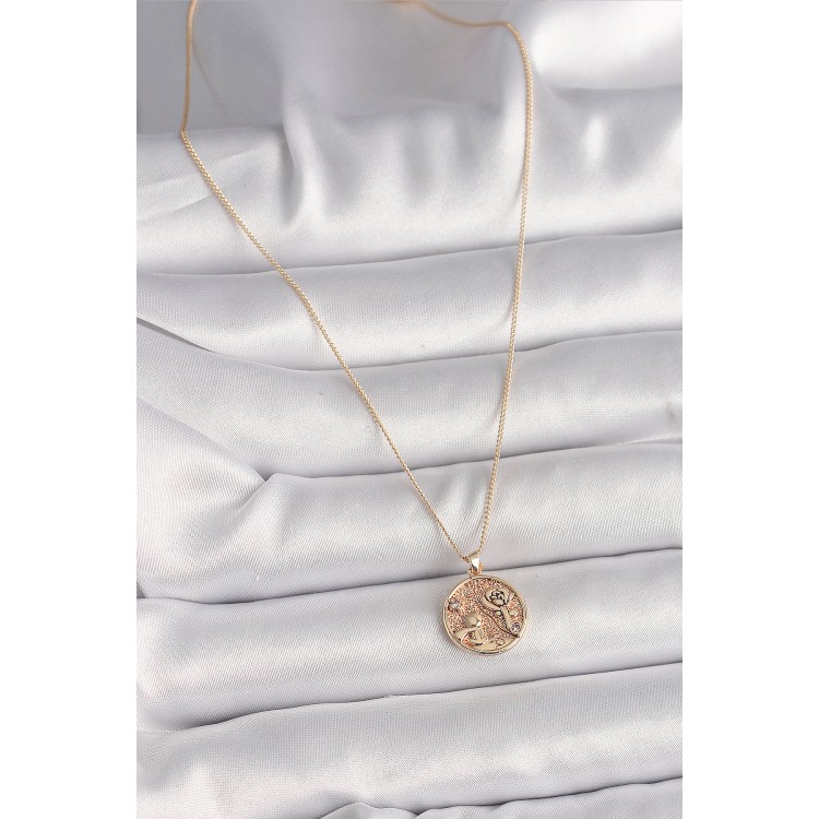 Pirinç Gold Renk Zirkon Taş Detaylı Gül İşleme Madalyon Model Kadın Kolye - TJ-BKO9816