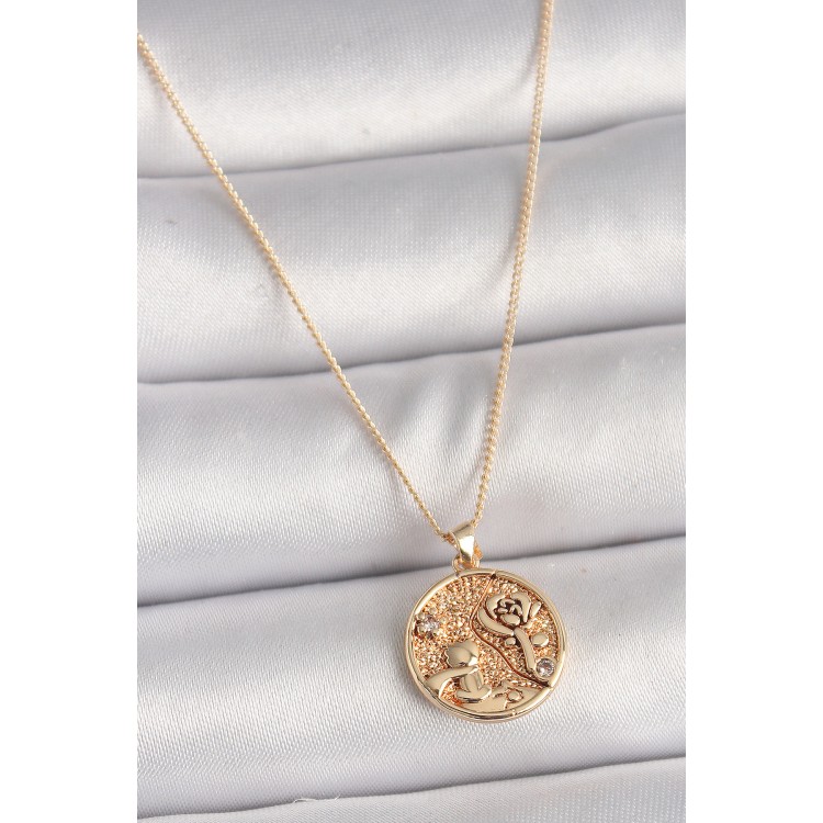 Pirinç Gold Renk Zirkon Taş Detaylı Gül İşleme Madalyon Model Kadın Kolye - TJ-BKO9816 Pirinç Gold Renk Zirkon Taş Detaylı Gül İşleme Madalyon Model Kadın Kolye - TJ-BKO9816