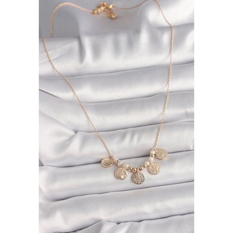 Pirinç Gold Renk 5'Li Osmanlı Tuğra Figür İnci Detay Kadın Kolye - TJ-BKO9825