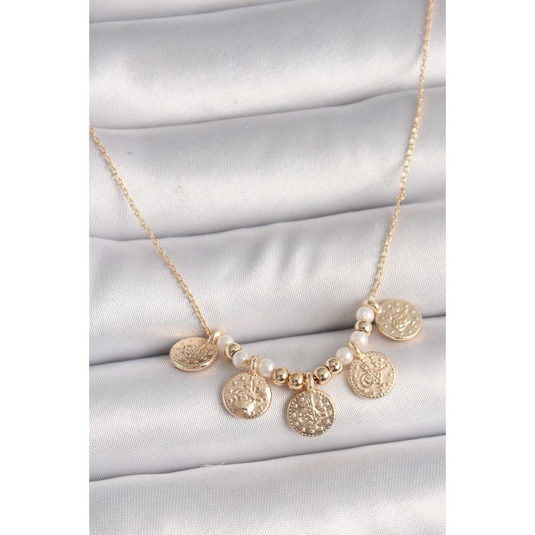 Pirinç Gold Renk 5'Li Osmanlı Tuğra Figür İnci Detay Kadın Kolye - TJ-BKO9825