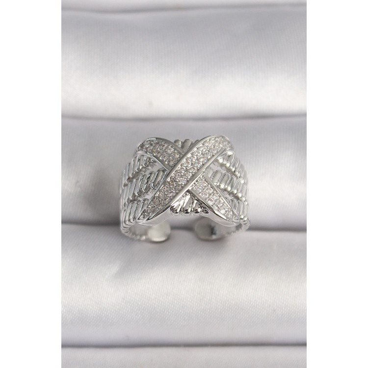 Pirinç Gümüş Renk Ayarlanabilir Zirkon Taşlı X Model Kadın Yüzük - TJ-BYK3582 Pirinç Gümüş Renk Ayarlanabilir Zirkon Taşlı X Model Kadın Yüzük - TJ-BYK3582