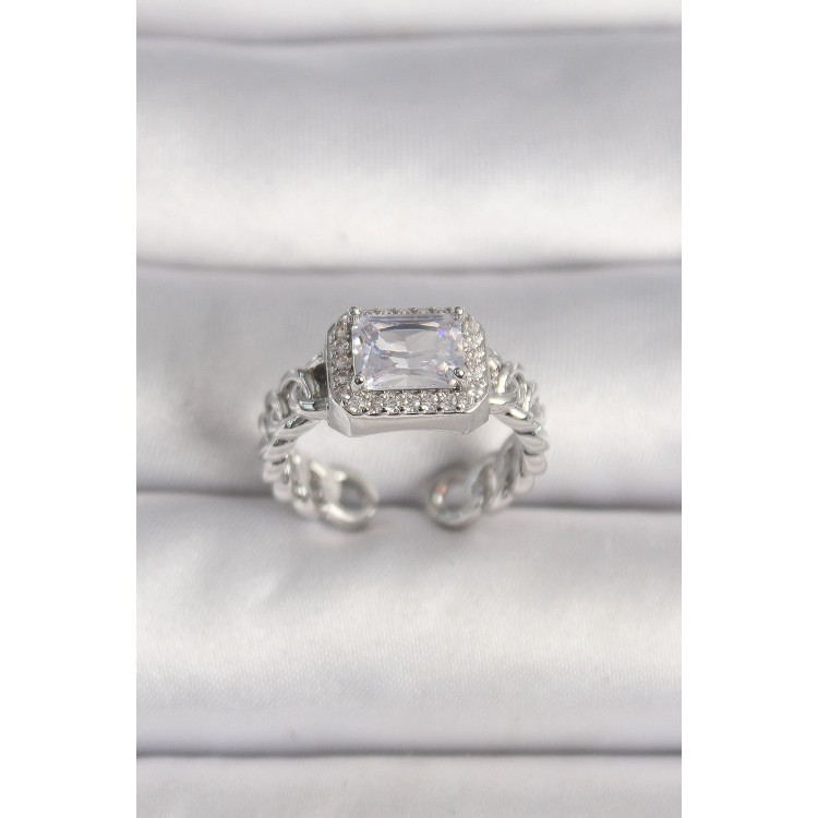 Pirinç Gümüş Renk Ayarlanabilir Zincir Kare Zirkon Taşlı Kadın Yüzük - TJ-BYK3583 Pirinç Gümüş Renk Ayarlanabilir Zincir Kare Zirkon Taşlı Kadın Yüzük - TJ-BYK3583