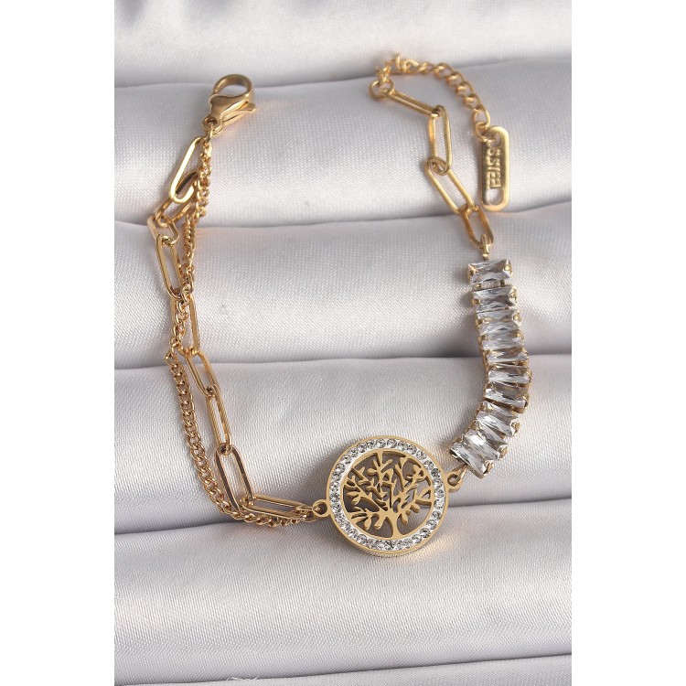 316L Steel Gold Color 2-Piece Chain Waterway Zircon Stone Tree of Life Figure Women's Bracelet - TJ-BB6730