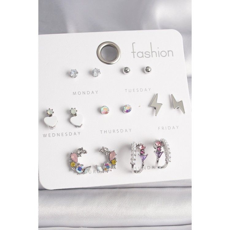 Pirinç Gümüş Renk Zirkon Taşlı İnci Halka Şimşek Detay 7 Çift Kadın Küpe Seti - TJ-BKP10136