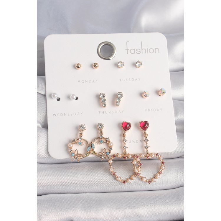 Pirinç Gold Renk Zirkon Taşlı Sallantı Kalp Figür 7 Çift Kadın Küpe Seti - TJ-BKP10163 Pirinç Gold Renk Zirkon Taşlı Sallantı Kalp Figür 7 Çift Kadın Küpe Seti - TJ-BKP10163