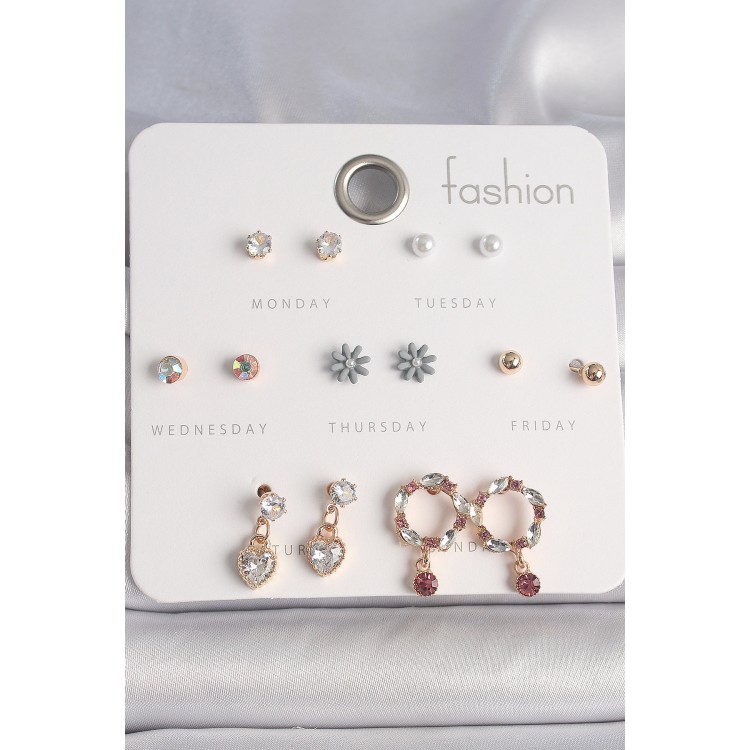 Brass Gold Color Zircon Stone Dangle Heart Flower Figure 7 Pairs Women's Earring Set - TJ-BKP10166