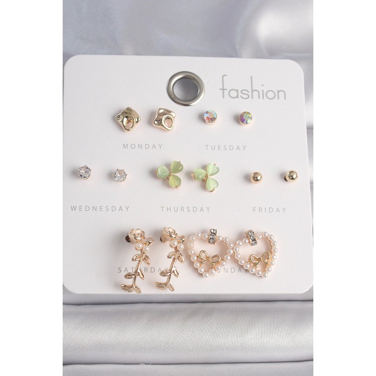 Brass Silver Color Pearl Heart Figure Ribbon Detail 7 Pairs Women's Earring Set - TJ-BKP10169