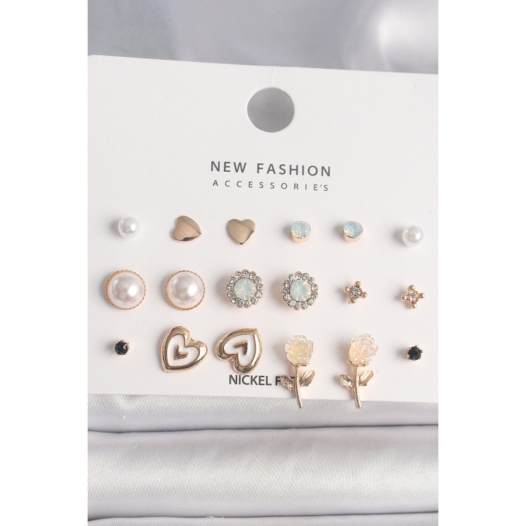 Brass Gold Color White Enameled Rose Figure Zircon Stone Pearl Detailed 9 Pairs Women's Earring Set - TJ-BKP10183
