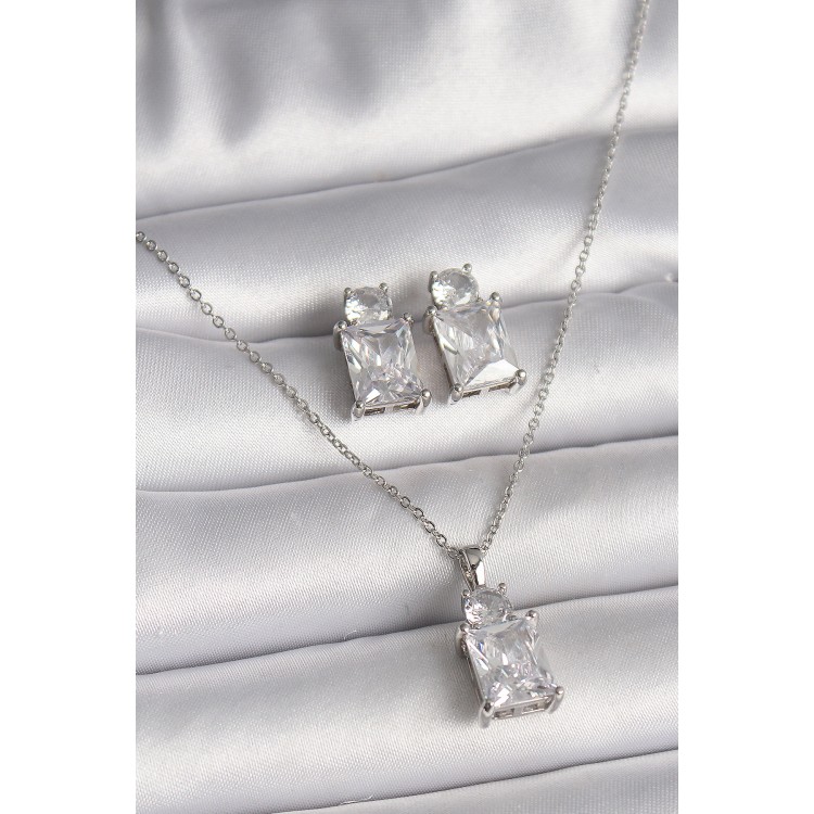 316L Steel Silver Color Chain Square Zircon Stone Women's Necklace Earring Set - TJ-BKO9838 316L Steel Silver Color Chain Square Zircon Stone Women's Necklace Earring Set - TJ-BKO9838