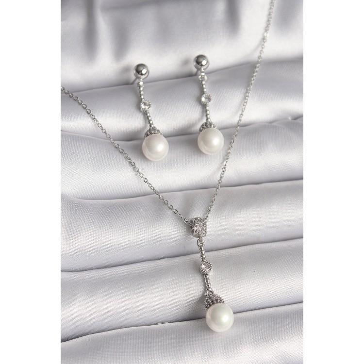 316L Steel Silver Color Chain Zircon Stone Detailed Dangle Pearl Model Women's Necklace Earring Set - TJ-BKO9839 316L Steel Silver Color Chain Zircon Stone Detailed Dangle Pearl Model Women's Necklace Earring Set - TJ-BKO9839