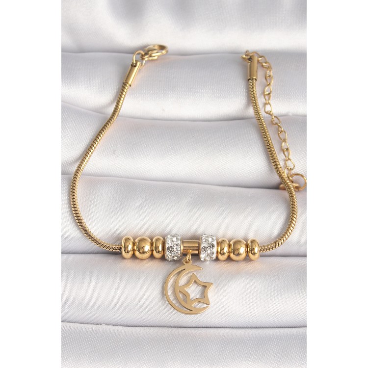 316L Çelik Gold Renk Tüp Zincir Zirkon Taş Detaylı Sallantı Ay Yıldız Figür Kadın Bileklik - TJ-BB6759