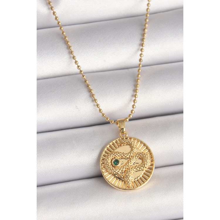 316L Çelik Gold Renk Topçuk Zincir Yılan İşlemeli Zirkon Taş Detaylı Madalyon Model Kadın Kolye - TJ-BKO9844