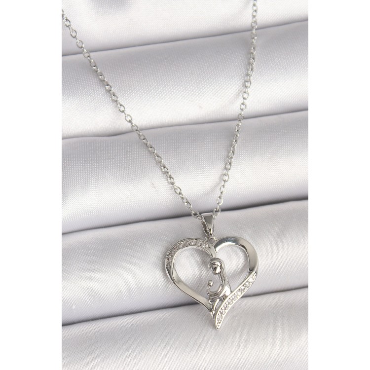 316L Çelik Gümüş Renk Zincir Zirkon Taş Detaylı Kalp Model Kadın Kolye - TJ-BKO9854