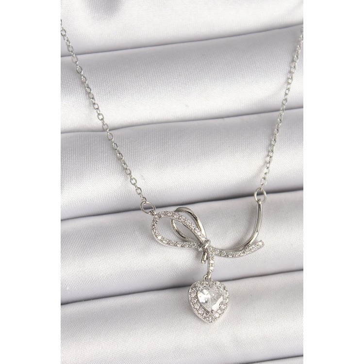 316L Çelik Gümüş Renk Zincir Zirkon Taşlı Düğüm Sallantı Kalp Figür Kadın Kolye - TJ-BKO9856