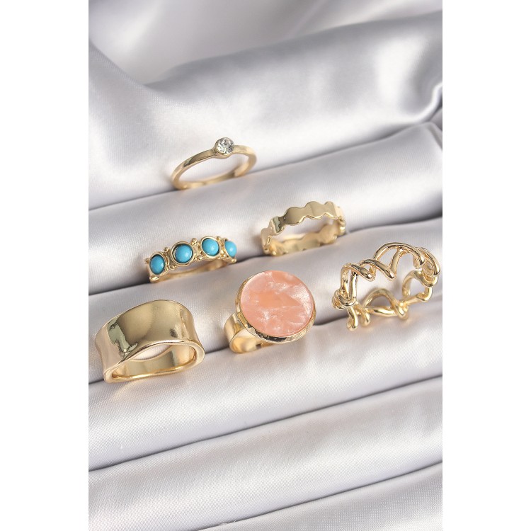 Pirinç Gold Renk Daire Pembe Mineli Zirkon Taş Detaylı 6'Lı Kadın Yüzük Seti - TJ-BYK3610 Pirinç Gold Renk Daire Pembe Mineli Zirkon Taş Detaylı 6'Lı Kadın Yüzük Seti - TJ-BYK3610