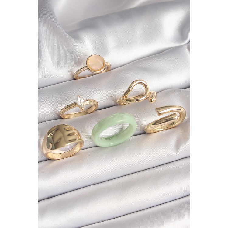 Pirinç Gold Renk Zirkon Taşlı Daire Pembe Mineli Detay 6'Lı Kadın Yüzük Seti - TJ-BYK3630 Pirinç Gold Renk Zirkon Taşlı Daire Pembe Mineli Detay 6'Lı Kadın Yüzük Seti - TJ-BYK3630
