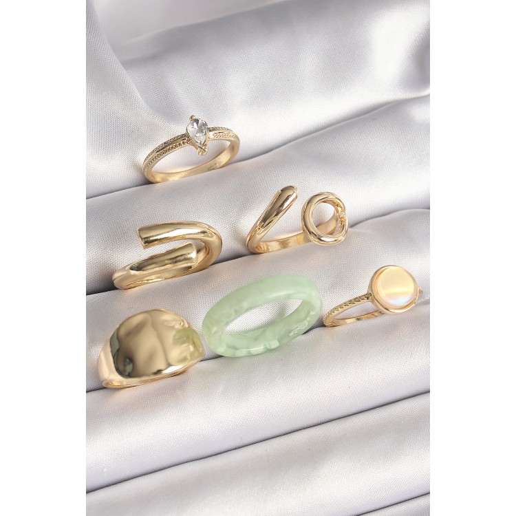 Pirinç Gold Renk Zirkon Taşlı İşleme Plaka Figürlü Beyaz Daire Mine Detaylı 6'Lı Kadın Yüzük Seti - TJ-BYK3633 Pirinç Gold Renk Zirkon Taşlı İşleme Plaka Figürlü Beyaz Daire Mine Detaylı 6'Lı Kadın Yüzük Seti - TJ-BYK3633