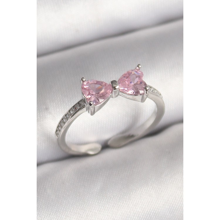 Pirinç Gümüş Renk Pembe Zirkon Taşlı Kalp Fiyonk Model Kadın Yüzük - TJ-BYK3643 Pirinç Gümüş Renk Pembe Zirkon Taşlı Kalp Fiyonk Model Kadın Yüzük - TJ-BYK3643