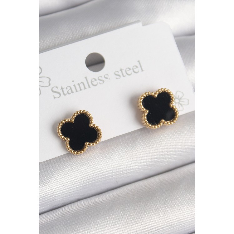 316L Çelik Gold Renk Siyah Yonca Model Kadın Küpe - TJ-BKP10199 316L Çelik Gold Renk Siyah Yonca Model Kadın Küpe - TJ-BKP10199
