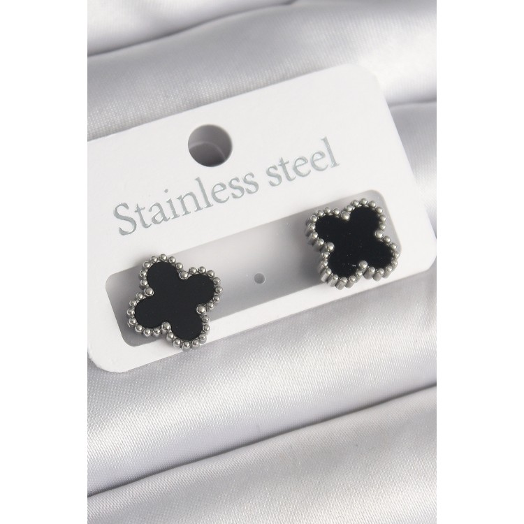 316L Çelik Gümüş Renk Siyah Yonca Model Kadın Küpe - TJ-BKP10201 316L Çelik Gümüş Renk Siyah Yonca Model Kadın Küpe - TJ-BKP10201