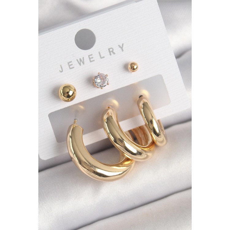 Pirinç Gold Renk Halka Model Zirkon Taşlı Topçuk Detay Kadın Küpe - TJ-BKP10306